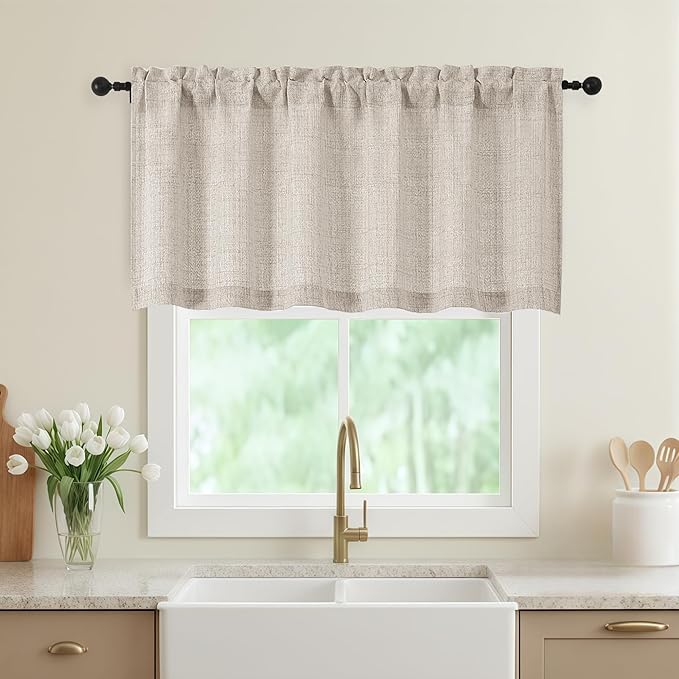 Linen Valances for Windows, Light Filtering Faux Linen Textured Small Short Valance Curtains for Bathroom Basement Farmhouse, Rod Pocket Top Half Curtains for Windows, 60Wx24L Inch