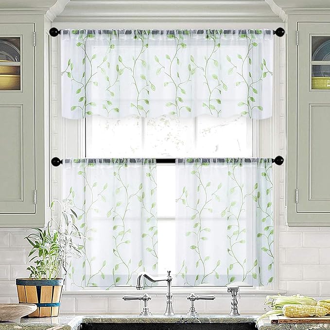 MRTREES Sheer Valance Curtain 54 x 16 inch Leaves Embroidered Sheer Christmas Valances Living Room Window Bedroom Embroidery Rod Pocket Small Window Treatment 1 Panel Green Leaves