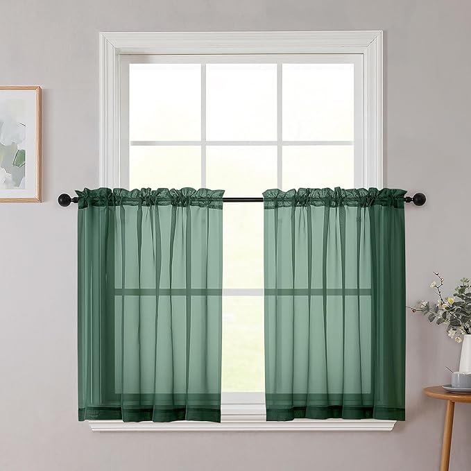 Hunter Green Kitchen Curtains 30 Inch Length Tier 2 PCS, Solid Soft Half Curtains for Windows, Hunter Green Sheer Rod Pocket Drapes for Bathroom Basement Small Window Curtain, 42"Wx30"L Inch