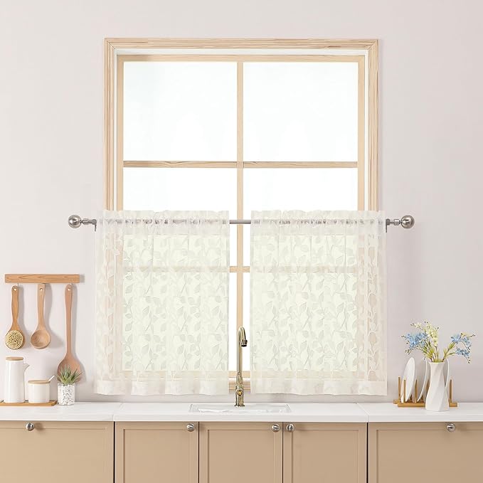 Chyhomenyc Ivory Sheer Curtains 24 Inch Length, Light Filtering Leaf Tufted Textured Small Window Kitchen Curtain Over Sink, Short Half Window Curtains for Bathroom Basement, 30" Wx24 L, 2 Panels