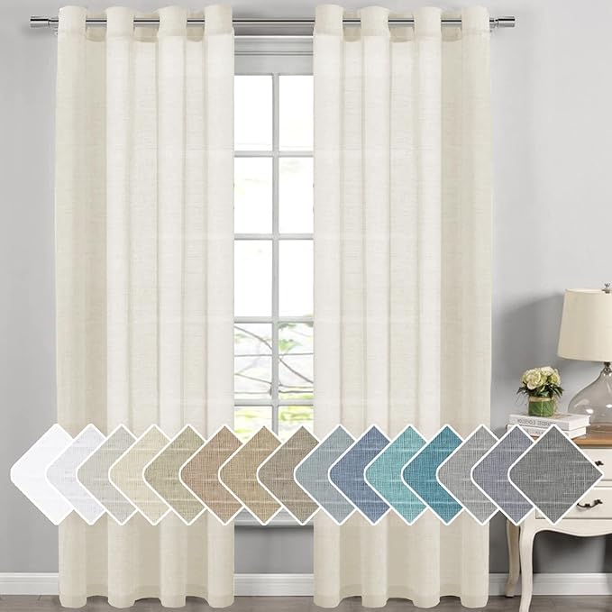 H.VERSAILTEX Natural Linen Semi Sheer Curtains for Living Room Extra Long Curtains Made of Rich Linen Soft Material, Nickel Grommet Window Panel Drapes (Set of 2, 52 by 108 Inch, Ivory)