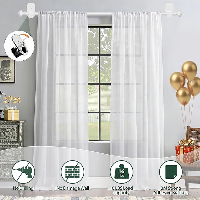 KAMANINA White Curtain Rod No Drilling 32 to 58 Inches, 5/8 Inch Adjustable Curtain Rods for Windows with 3M Adhesive Brackets without Drilling 2 Pack