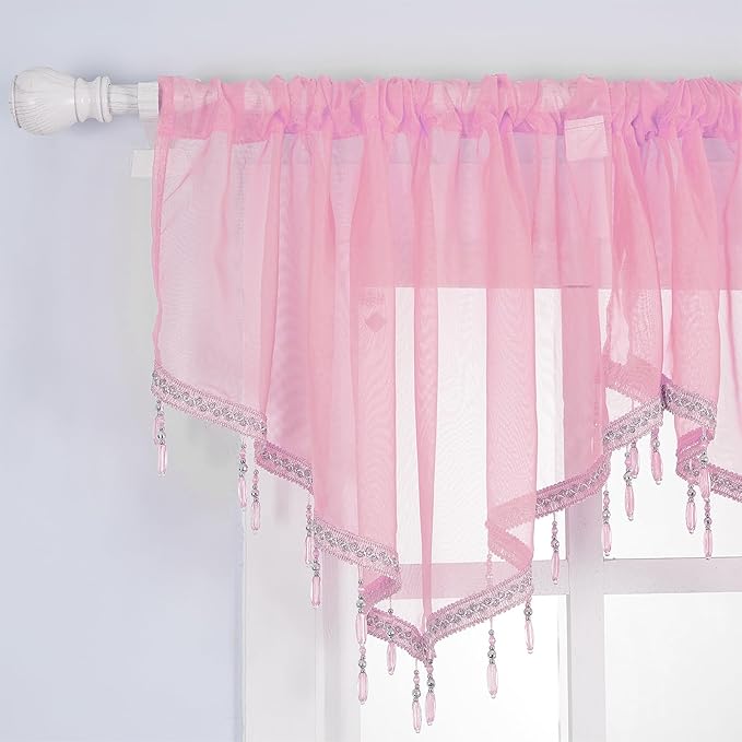 Molaxhome Swag Curtain 51 inch Length Rod Pocket Scalloped Curtain Valance Sheer Lace Panels with Hanging Crystal Beads for Kitchen Bedroom Window Treatments Drape Decor 1pc (Pink, 51Wx23L)