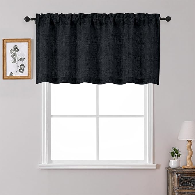OWENIE Black Valances for Windows 1 Pcs 24 Inch Length, Light Filtering Textured Short Small Valance Curtains for Bathroom Basement Living Room Bedroom, Half Window Curtains Over Sink, 60" W by 24" L