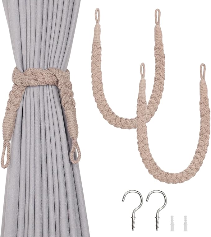 NICEEC 2 Pack Natural Cotton Rope Curtain Tiebacks Elegant Boho Style Decorative Drape Tie Backs Soft Hand-Woven Rope Curtain Holdbacks with Metal Hook for Home & Office Drapery (Grey Coffee)