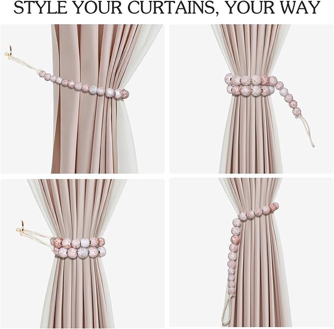 Hion 6 Pcs Boho Curtain Tiebacks,Wood Beads Curtain Holdbacks,Outdoor Farmhouse Tie Backs for Curtains,Curtain Holders for Drapes Home Office Decor with Hooks(White Washed)