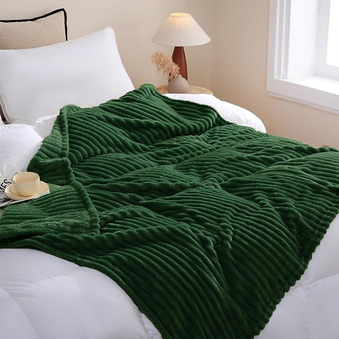 Green Fleece Throw Blanket 90”×90” for Couch Sofa Bed,Super Soft Cozy Plush Microfiber Flannel Blanket with Stripes Design Lightweight for Adults,Woman,Girls