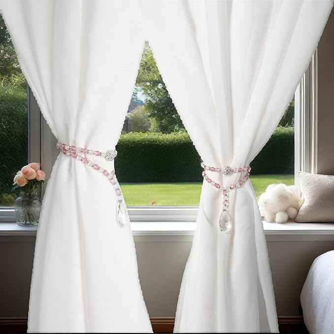 SUQ I OME 1 Pair of Luxury Crystal Beaded Magnetic Curtain Tieback and Holdback Curtain Clips Curtain Buckle Curtain Holder Blingbling Curtain Holdbacks for Drapes,Pink