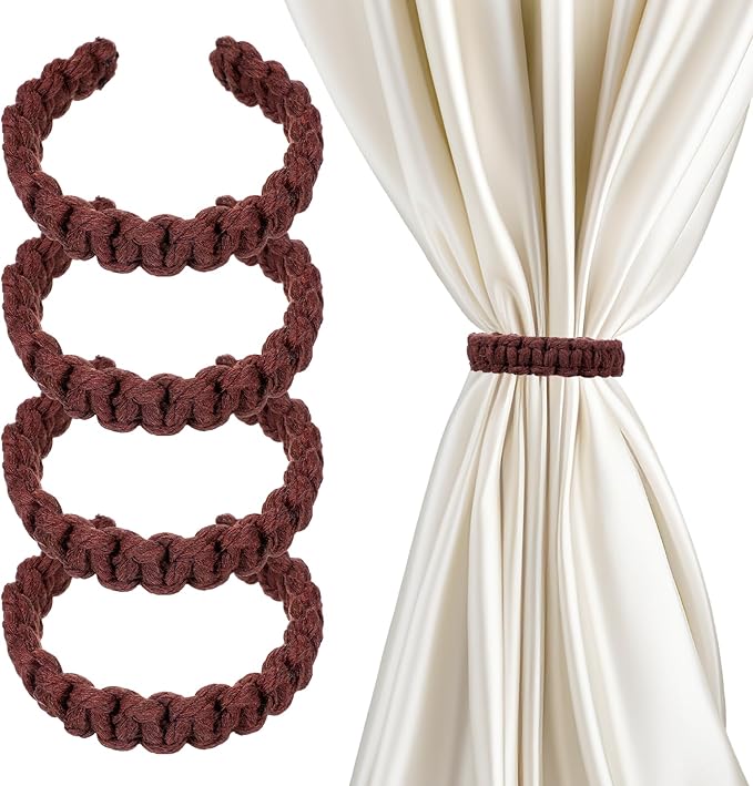 Ptwola 4 Pack Braided Curtain Tiebacks Boho Elegant Rustic Curtain Holdbacks Tie Backs Holders Set Simple Light Weight Drapes Decorative Accessories Handmade for Home Office Bedroom Window