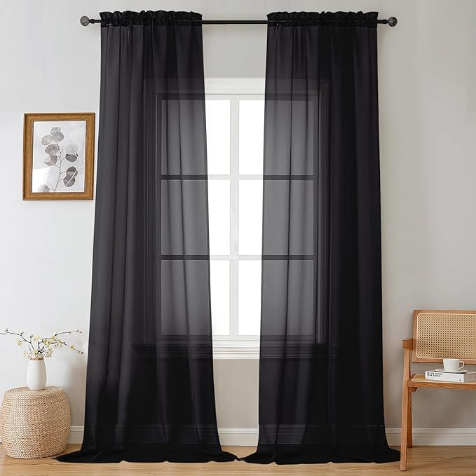 Gwine Black Sheer Curtains 96 Inches Long 2 Panels, Elegant Window Treatments Voile Curtains for Living Room, Light Filtering Rod Pocket Sheer Drapes, Each 42" Wx96