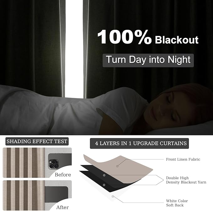 Topfinel Boho Farmhouse Black Out Linen Curtains 84 Inch Length 2 Panels Set for Bedroom Living Room, Taupe Thermal Insulated Neutral Burlap Drapes Linen Blend 7FT Long Hook Belt Pleated Back Tab