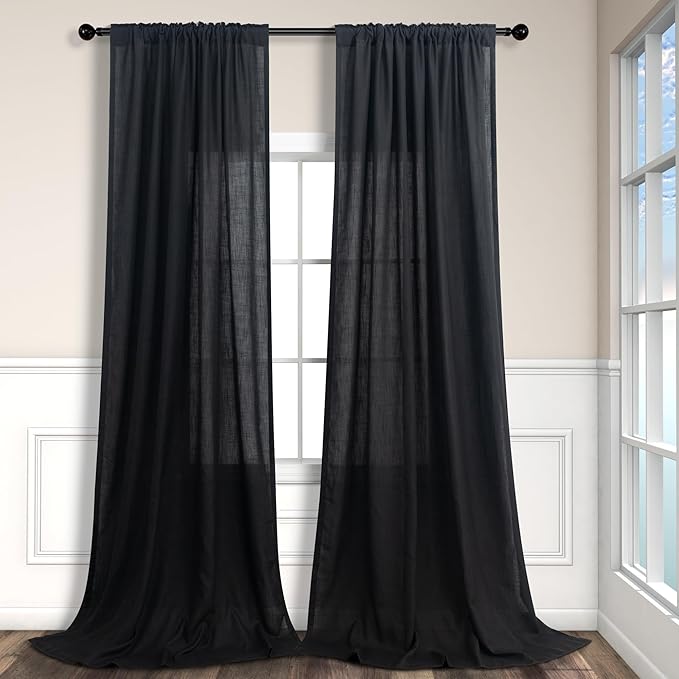 Pitalk 102 Inch Long Curtains Black for Living Room Dinning 2 Panel Set Back Tab Pocket Light Filtering Large Window Drape Boho Modern Farmhouse Linen Curtain 102 Length for Sliding Glass Door Bedroom