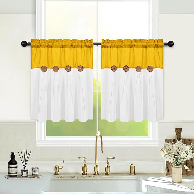 FRAMICS Farmhouse Kitchen Curtains 24 Inch Length, Rustic Cotton Linen Tier Curtain, Boho Button Short Curtains for Windows, Yellow Country Cafe Drapes, Rod Pocket, Yellow and White, 26x24