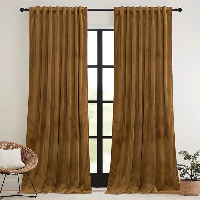 RYB HOME Gold Brown Velvet Curtains 102 inches with Hook Belt, Soft Fabric Room Darkening Thermal Insulated Luxurious Home Decor Curtains for Living Room Bedroom, W 52" x L 102", 2 Panels Set
