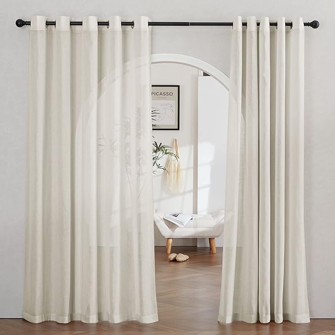 NICETOWN Semi Sheer Curtains Linen Blend Extra Wide for Sliding Glass Door, Grommet Top Privacy with Light Filtering Vertical Window Drapes for Living Room/Bedroom, Natural, W70 x L84, 2 PCs
