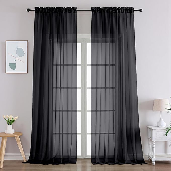 Gwine Sheer Black Curtains 96 Inches Long 2 Panels Set, Light Filtering Voile Fimly Sheer Curtains for Living Room Bedroom, Elegant Soft Airy Rod Pocket Window Treatment, 59Wx96L Inch, 2PCS, Black