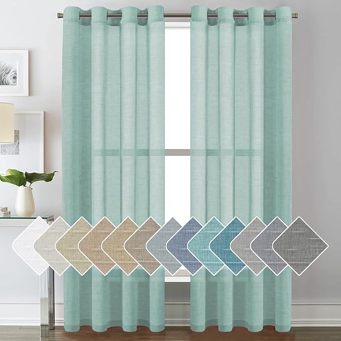 H.VERSAILTEX Linen Curtains Natural Linen Semi-Sheer Curtains 2 Panels Nickel Grommet Privacy Added Premium Soft Rich Material Drapes for Bedroom/Livingroom - 52x84 - Inch - Sea Mist