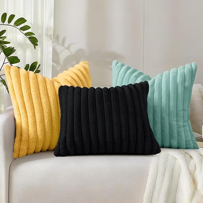 decorUhome Summer Cozy Faux Fur Throw Pillow Covers 20x20 Set of 2 Decorative Soft Plush Striped Modern Farmhouse Boho Couch Pillow Cases with Velvet Back for Sofa Bed Living Room, Aqua