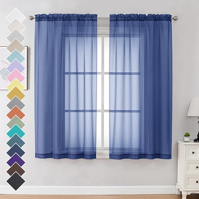 OVZME Royal Blue Sheer Curtains 63 Inches Long 2 Panels - Soft Light Filtering Window Sheer Panels for Living Room/Bedroom, Top Dual Rod Pocket, 1 Pair, Each 42Wx63L Inches