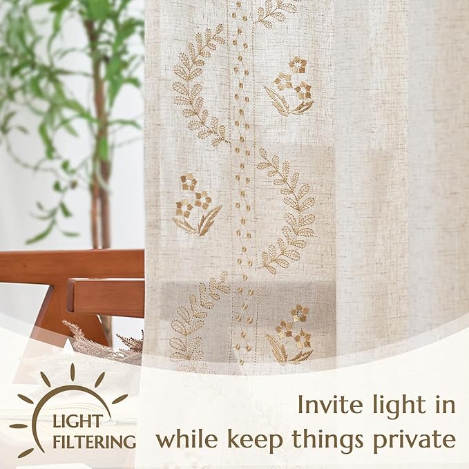 jinchan Belrose Linen Curtains for Bedroom Floral Curtains 108 Inch Length Linen Blend Beige Embroidered Drapes Farmhouse Flower Patterned Drapes for Living Room Window Treatments Set 2 Panels