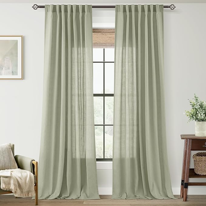 Linen Blend Sage Green Curtains 120 inch Length 2 Panels for Bedroom Back Tab Light Filtering Semi Sheer Drapes Linen Cotton Textured Light Green Airy Modern Farmhouse Living Room Sage Aesthetic Decor