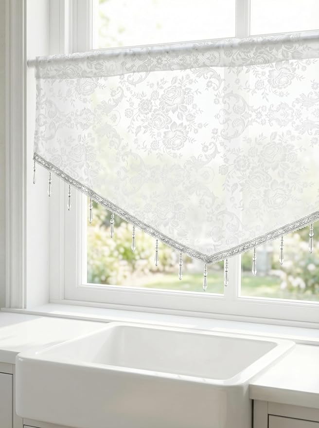 Molaxhome Swag Curtain 51 inch Length Rod Pocket Scalloped Curtain Valance Sheer Lace Panels with Hanging Crystal Beads for Kitchen Bedroom Window Treatments Drape Decor 1pc (Lace White, 51Wx23L)