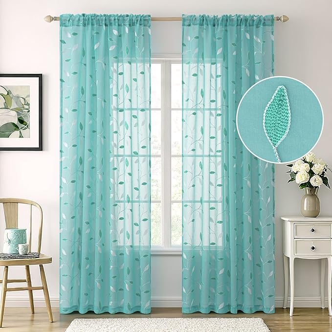 MIULEE Turquoise Sheer Curtains 2 Panels Embroidered Leaf Patterned Rod Pocket Floral Semi Sheer Faux Linen Window Curtains Drapes Set for Living Room Bedroom Dining Room, 52x96 Inches Long