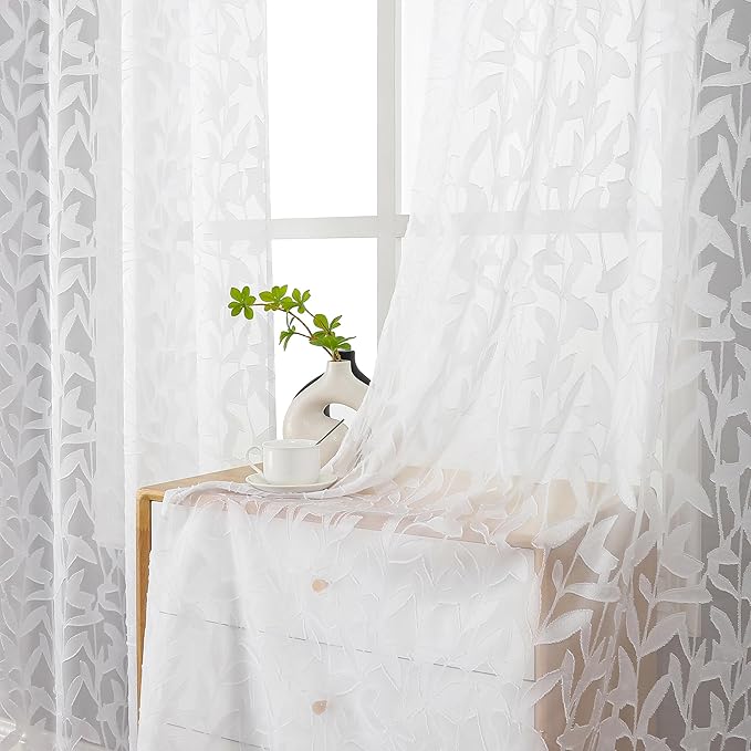 Lecloud Leia White Sheer Curtains 78 Inches Long 2 Panels, Privacy Airy Voile Jacquard Leaf Textured Curtains, Dual Rod Pockets Farmhouse Drapes for Living Room Bedroom Dining Room, 42" W x 78" L