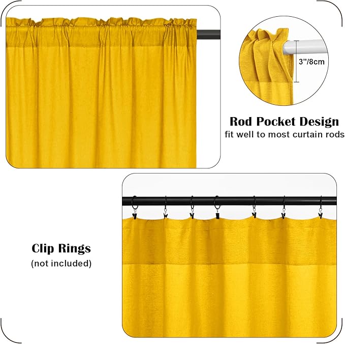 FRAMICS Farmhosue Kitchen Curtains 36 Inch Length, Rustic Cotton Linen Tier Curtains, Boho Button Short Curtain for Windows, Rod Pocket Small Window Curtain, Yellow and White, 26x36