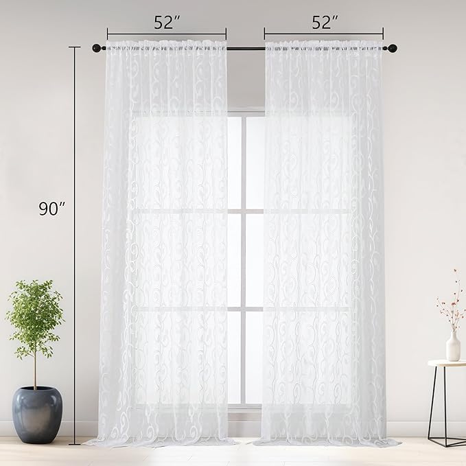 OWENIE Furman Extra Long Sheer White Curtains 96 inches Long for Bedroom Living Room 2 Panels Set, Light Filtering Soft Semi Sheer Jacquard Clip Farmhouse Curtains Rod Pocket Design, 52Wx96L inch