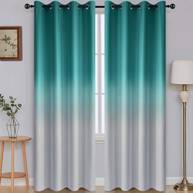 SimpleHome Ombre Room Darkening Curtains for Bedroom, Light Blocking Gradient Teal to Grey White Thermal Insulated Grommet Window Curtains/Drapes for Living Room,2 Panels, 52x84 inches Length