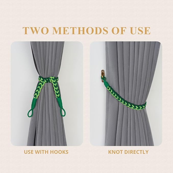 NICEEC 2 Pack Natural Cotton Rope Curtain Tiebacks Elegant Boho Style Decorative Drape Tie Backs Soft Hand-Woven Rope Curtain Holdbacks with Metal Hook for Home & Office Drapery (Gradient Green)