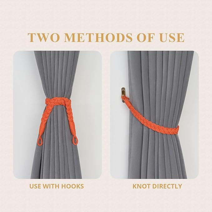 NICEEC 4 Pack Natural Cotton Rope Curtain Tiebacks Elegant Boho Style Decorative Drape Tie Backs Soft Hand-Woven Rope Curtain Holdbacks with Metal Hook for Home & Office Drapery (Orange)