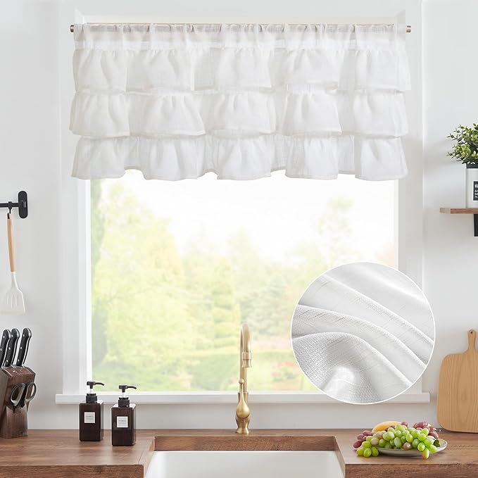 jinchan Ruffled Valance Curtain Slubbed Crossed Kitchen Valance Vintage Shabbychic Style for Living Room Small Windows 18 Inch Cottagecore Farmhouse Half Window Rod Pocket 1 Panel White