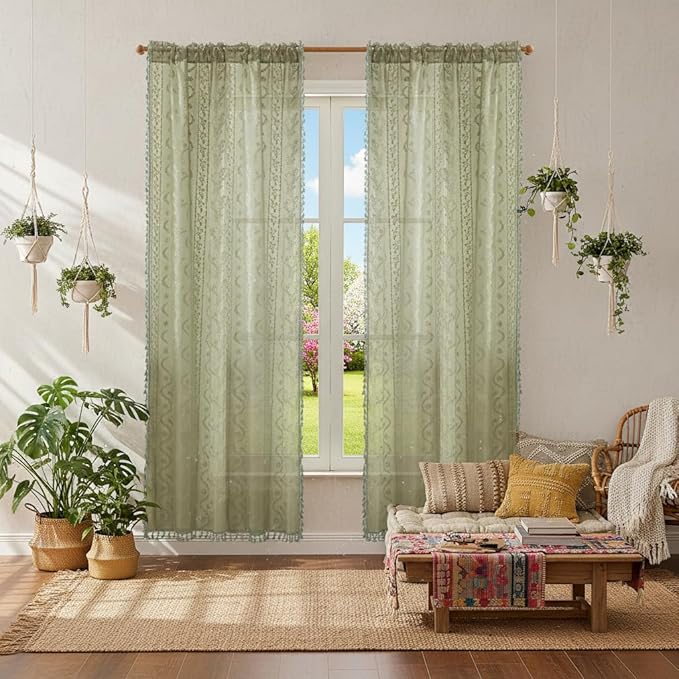 WAZZIO Boho Lace Curtains 2 Panels 63 Inch -Vintage Victorian Sheer Panel Drape French Country Floral Pattern & Tassel Light Filtering Privacy for Bedroom Dining Living Room,Light Sage Green,W52x L63