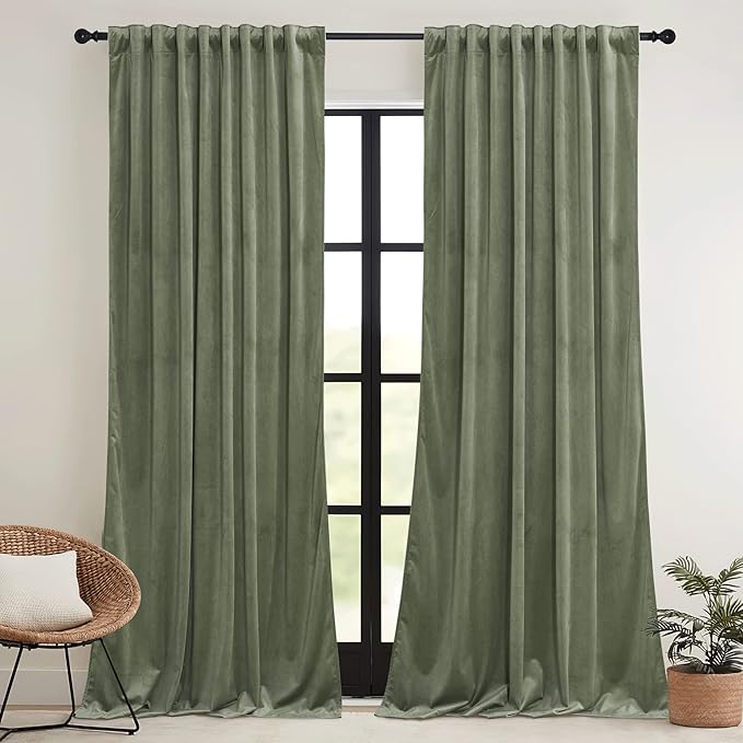 RYB HOME Sage Green Velvet Curtains 94 inches with Hook Belt, Soft Fabric Room Darkening Thermal Insulated Luxurious Home Decor Curtains for Living Room Bedroom, W 52" x L 94", 2 Panels Set