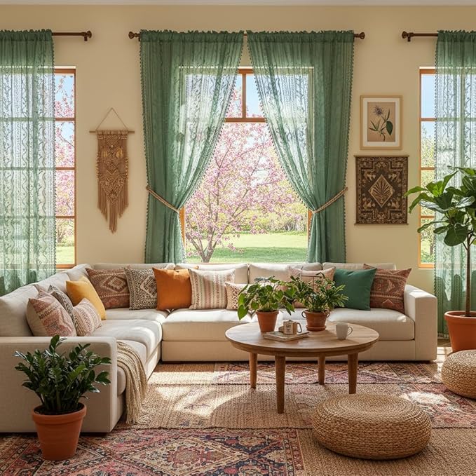 WAZZIO Boho Lace Curtains 2 Panels 72 Inches -Vintage Victorian Sheer Panel Drape French Country Floral Pattern & Tassel Light Filtering Privacy for Bedroom Dining Living Room,Dark Sage Green,W52x L72