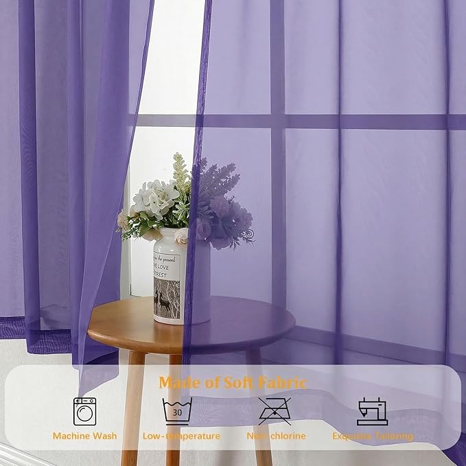 Gwine Sheer Curtains 63 Inch Length - Light Filtering Rod Pocket Window Curtain Panels for Bedroom, Elegant Soft Voile Living Room Sheer Drapes, Each 42Wx63L, 2 Panels, Purple