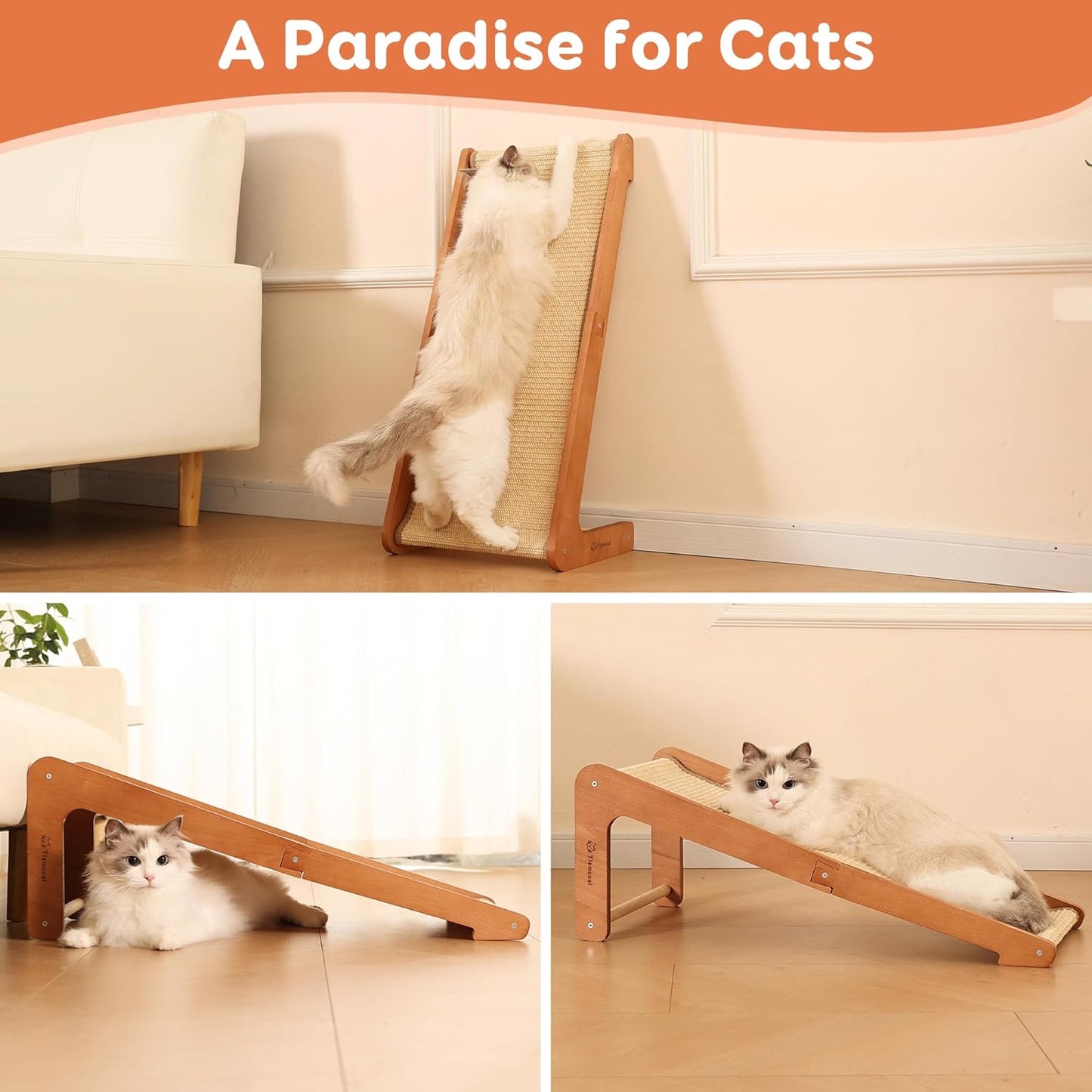 L-Shaped Cat Scratching Post - Beechwood Base, 28.5" Natural Sisal Woven Cat Scratch Pad, Durable Cat Scratcher, Furniture Protector for Cats' Clawing and Play