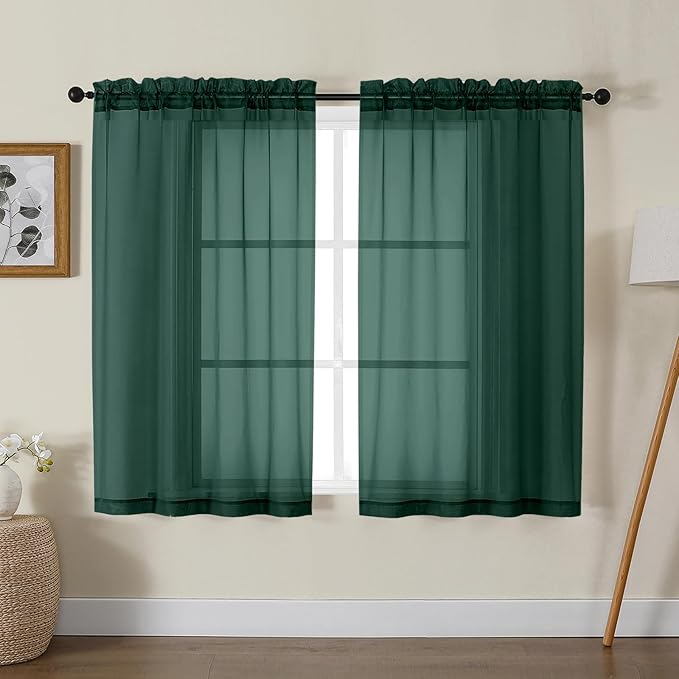 Gwine Hunter Green Sheer Curtains for Living Room 45 inches Long, Short Voile Light Filtering Window Treatments Sheer Curtains for Bedroom, Half Window Drapes with Rod Pocket, Each 42" Wx45 L