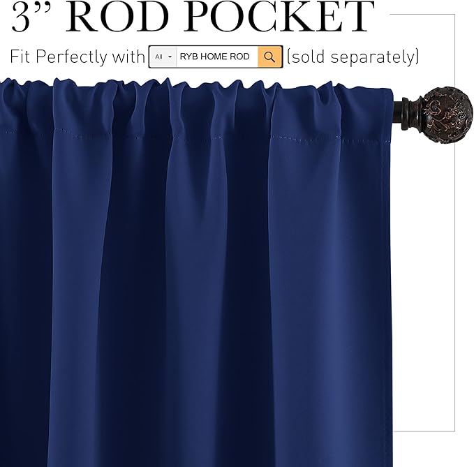 RYB HOME Blackout Privacy Bathroom Window Curtains, Short Thermal Insulated Heat Blocking Privacy Rod Pocket Half Window Curtain Tiers for Nursery Bedroom, Width 42 by Length 30, Marine Blue, 2 Panels