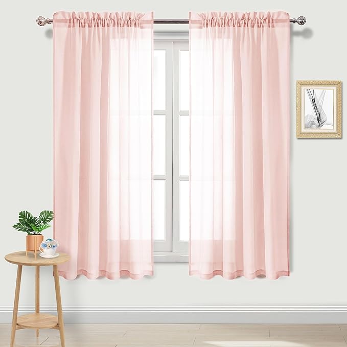 DWCN Blush Pink Sheer Curtains Semi Transparent Voile Rod Pocket Curtains for Bedroom and Living Room, 52 x 63 inches Long, Set of 2 Panels