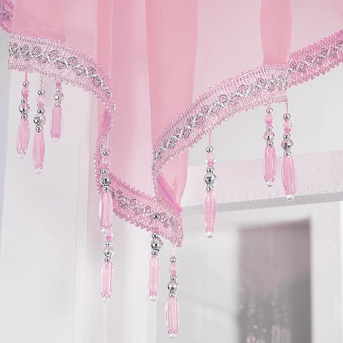 Molaxhome Swag Curtain 51 inch Length Rod Pocket Scalloped Curtain Valance Sheer Lace Panels with Hanging Crystal Beads for Kitchen Bedroom Window Treatments Drape Decor 1pc (Pink, 51Wx23L)