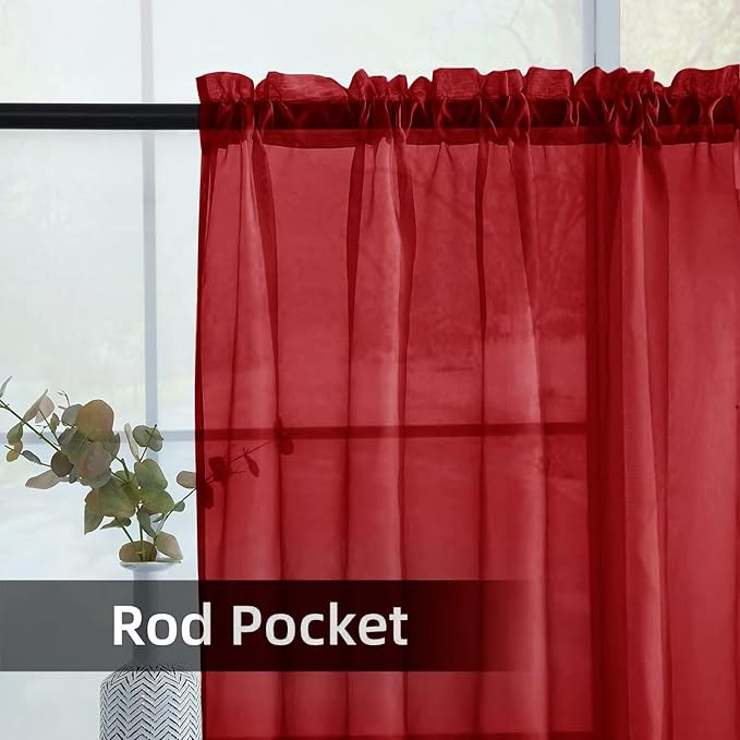 youleyar Solid Sheer Rod Pocket Curtain Voile Draperies 2 Panels White Beige Black Grey Ivory 52 Inch Width 63 Inch Long 1 Pair for Kitchen Bedroom Children Living Room Yard (Christmas Red,52Wｘ63L)