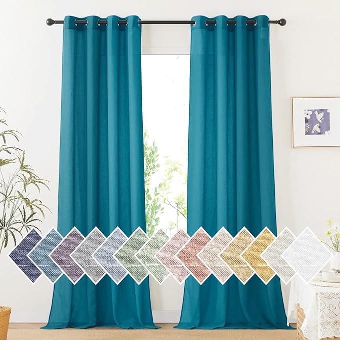 NICETOWN Semi Sheer Curtains Flax Linen Texture, (Peacock Green) Grommet Retro Linen Weave Window Drapes Privacy with Light Filtering for Living Room, 2 Panels, W52 x L96