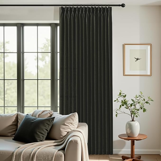 IVAPUPU Black Pinch Pleated Curtains 96 Inches Long for Living Room, Semi Sheer Privacy Linen Curtain Memory Trained Back Tab Drapes with Hooks Rings for Farmhouse Dining Room, 2 Panels, W40xL96