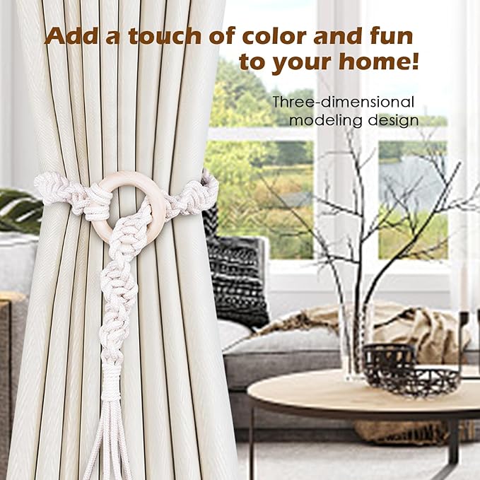 SRG Handmade Boho Curtain Tiebacks Hand Knitting Cotton Curtain Holdbacks with Adjustable Natural Wooden Rings Accessories Wall Decoration for Home Office