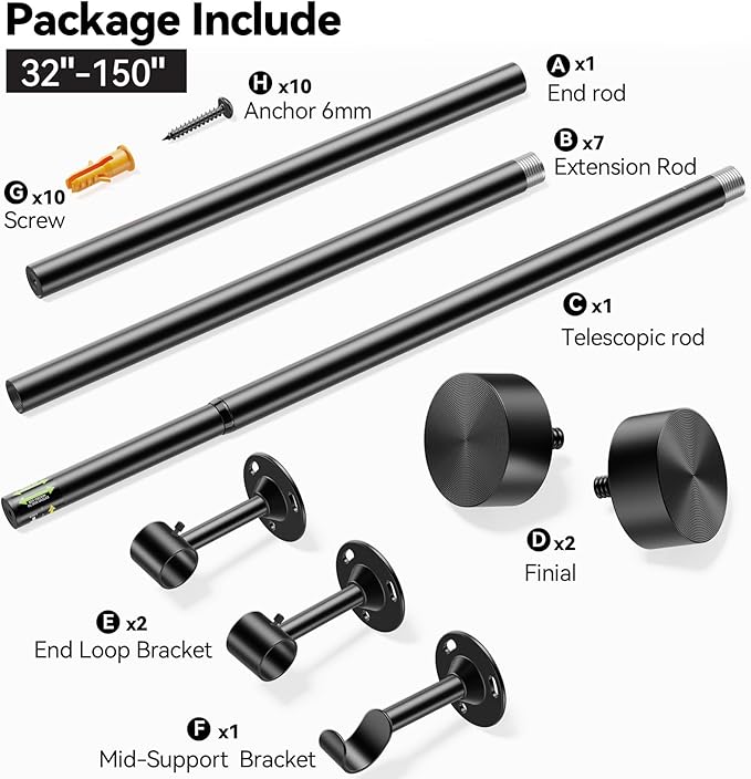 YaFex Heavy Duty Curtain Rods 32-150 Inch, 1 Inch Adjustable Black Curtain Rod for Windows, Extra Long Window Treatment Rods with Aluminium Finials, Easy Installation