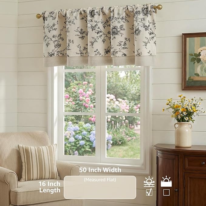 jinchan Amlie Floral Linen Valance Curtain Farmhouse Kitchen Valance for Living Room Laundry Light Filtering Double Layer Cottagecore Window Treatment Rod Pocket 1 Panel 16 Inch Charcoal on Linen