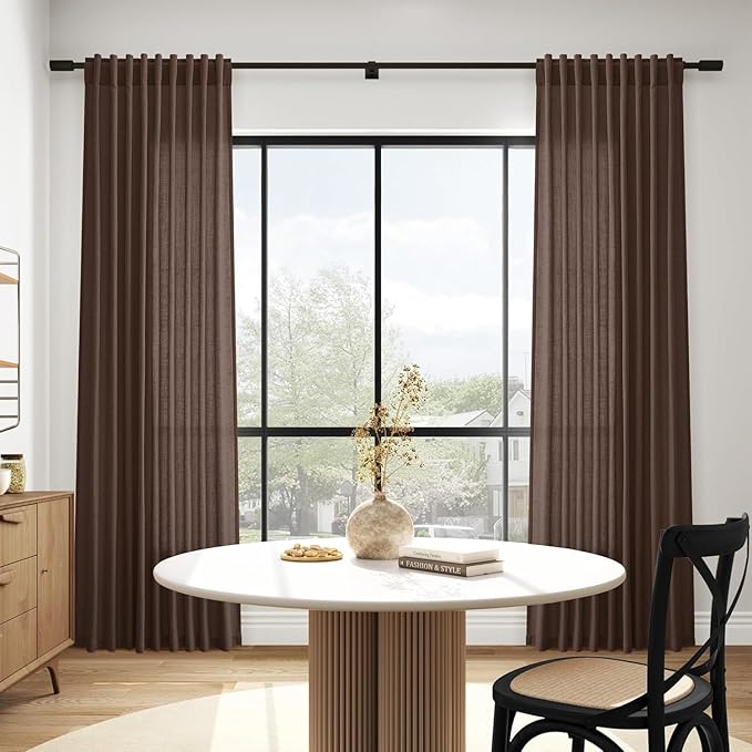 Cappuccino Linen Curtains for Living Room 98 Inches Long Light Filtering Semi Sheer Curtain Back Tab Rod Pocket Luxury Modern Rustic Home Decor Neutral Drapes for Bedroom Dinner Room 52x98, 2 Panels